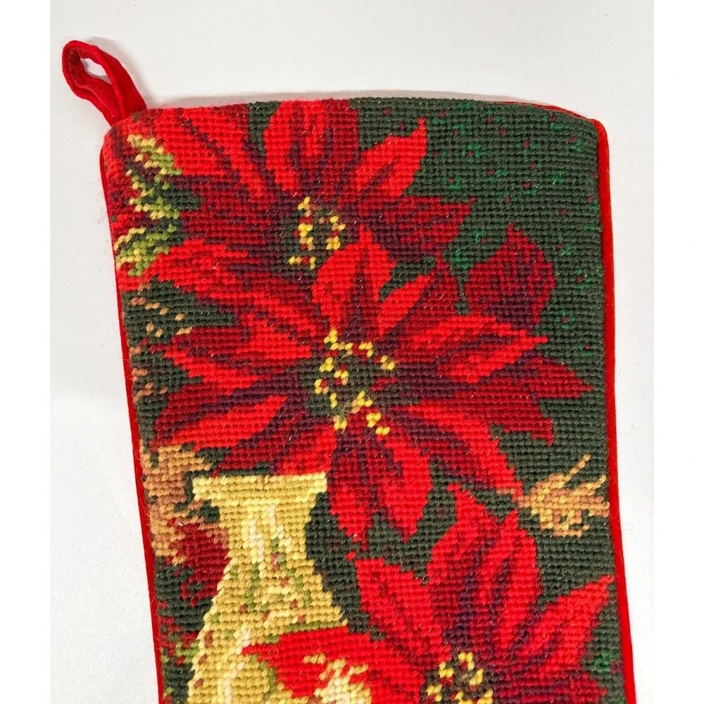 Vtg Wool Needle Point Christmas Stocking Red Velvet Poinsettias Oil Lamp